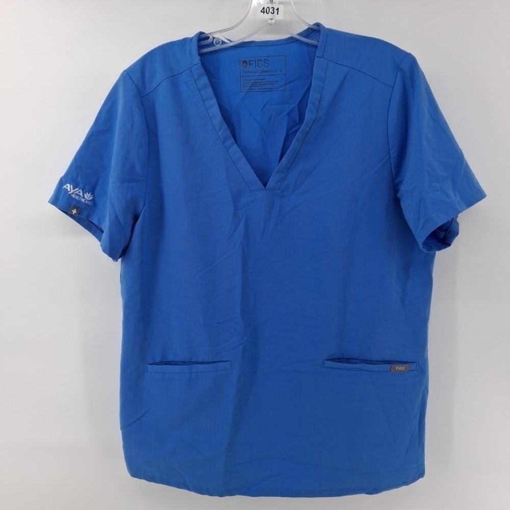 FIGS Scrub Top Womens Large Blue Technical Collection V-Neck AYA Logo FW1100